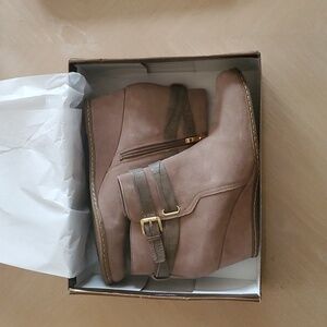 Franco Beige Suede Booties, Buckle Accents And Gold Side Zipper